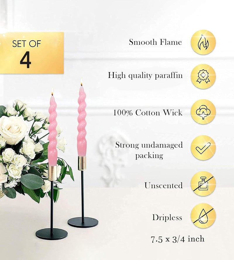 LPUSA Pink Spiral Taper Dinner Candles Conical Stick Candles Wax Unscented Dinner Candle Dripless for Home Decor, Relaxation Set of 4（7.6" Baby Pink） - Image 4